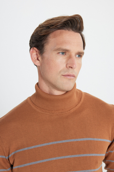 ALTINYILDIZ CLASSICS Erkek Tarçın-Gri Standart Fit Normal Kesim Tam Balıkçı Yaka Çizgi Detaylı Triko