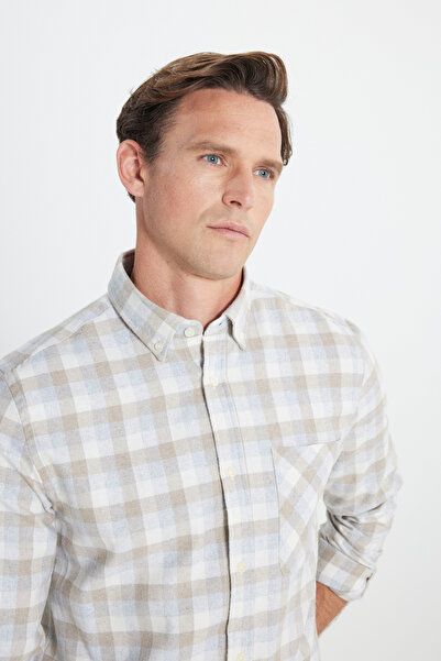 AC&Co / Altınyıldız Classics Erkek Bej-gri Slim Fit Dar Kesim Düğmeli Yaka Sıcak Tutan Kareli Kışlık Flanel Oduncu Gömlek