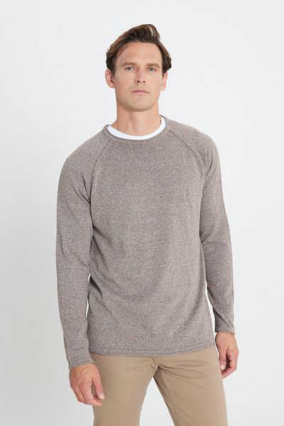 AC&Co / Altınyıldız Classics Braun-ecrufarbener Standard-Strickpullover mit normalem Schnitt und Rundhalsausschnitt aus gemustertem Baumwoll-Muline-Strickpullover für Herren