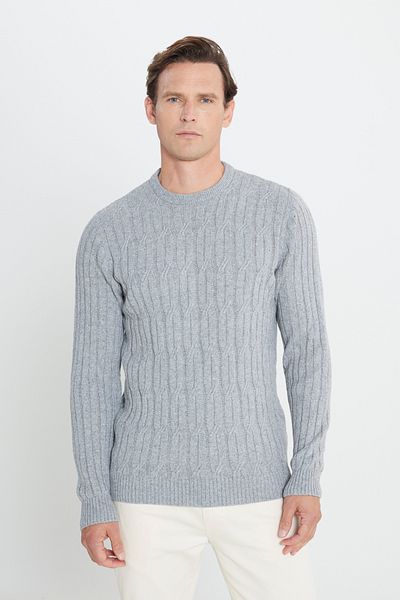 AC&Co / Altınyıldız Classics Men's Light Gray Wool Standard Fit Regular Cut Crew Neck Jacquard Knitwear Sweater