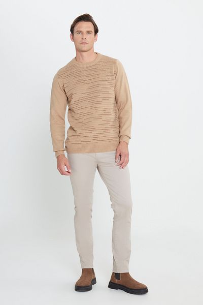 ALTINYILDIZ CLASSICS Πλεκτό πουλόβερ ανδρικό μπεζ-τουβλάκι Standard Fit Normal Cut Crew Neck με ανάγλυφο σχέδιο