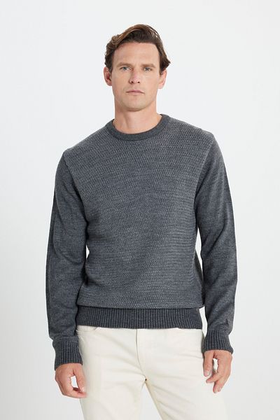 AC&Co / Altınyıldız Classics Anthrazit-grau meliert Herren-Strickpullover mit Rundhalsausschnitt und Wabenmuster - Standard Passform