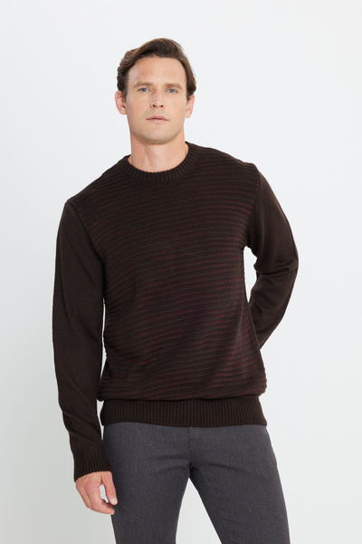 ALTINYILDIZ CLASSICS Erkek Kahve-Bordo Standart Fit Normal Kesim Bisiklet Yaka Desenli Triko Kazak