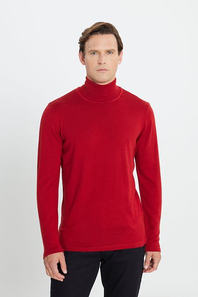ALTINYILDIZ CLASSICS Men's Red Standard Fit Regular Cut Full Turtleneck Knitwear Sweater