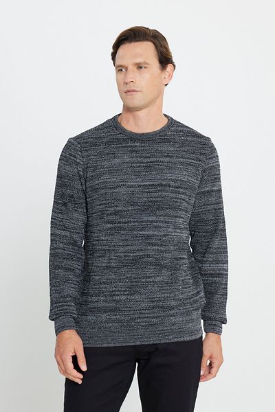 AC&Co / Altınyıldız Classics Schwarz-grau gemusterter Strickpullover mit Rundhalsausschnitt für Herren - Standard Passform