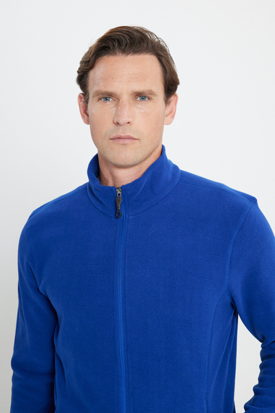 AC&Co / Altınyıldız Classics Erkek Saks Mavi Anti-pilling Tüylenme Yapmayan Standart Fit Dik Bato Yaka Sweatshirt Polar Ceket