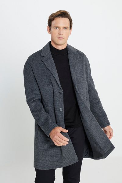 AC&Co / Altınyıldız Classics Ανδρικό παλτό με κασμίρ σε γκρι oversize Loose Cut Mono γιακά με σχέδιο