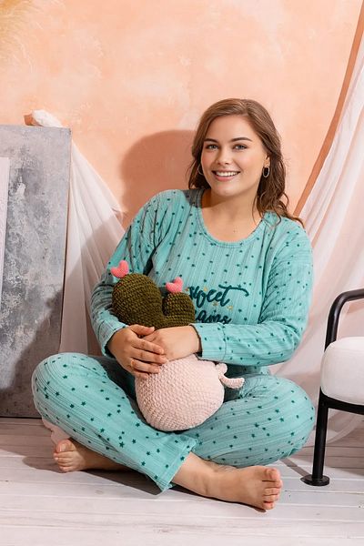 Trendyol Curve Mint Star Pattern Knitted Pajamas Set Tbbaw25Ai00100