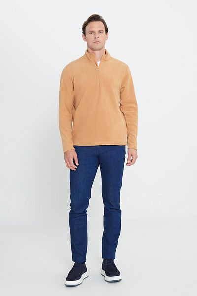 AC&Co / Altınyıldız Classics Karamellfarbenes, pillingfreies, kältebeständiges Fleece-Sweatshirt mit Standard-Passform und Stehkragen für Herren