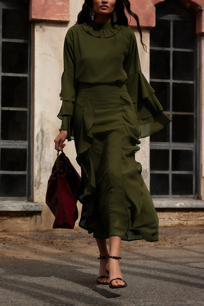 Trendyol Modest X Ai Khaki Ruffle Detailed Woven Skirt Tctaw25Ee00012