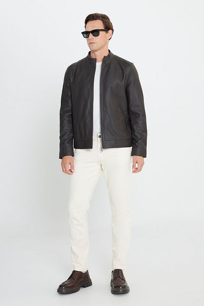 AC&Co / Altınyıldız Classics Braune Lederjacke für Herren, Standard-Passform, normaler Schnitt, Stehkragen