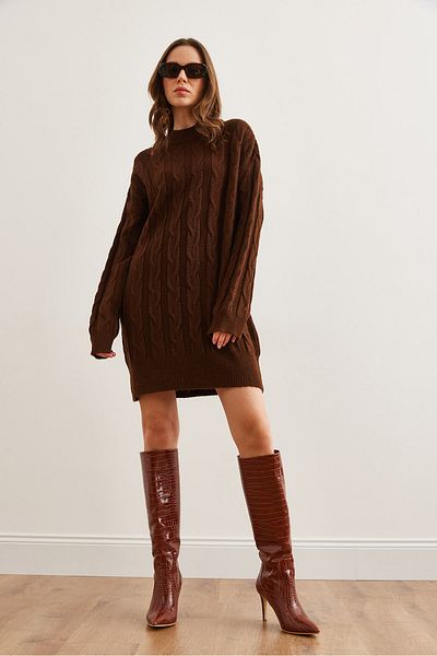 Olalook Women's Bitter Brown Hair Braided Knitwear Tunic DressELB- 19002312