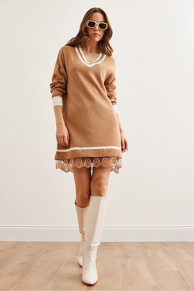 Olalook Dámská velbloudí krajka s výstřihem do V s podrobným úpletem Dresselb- 19002283