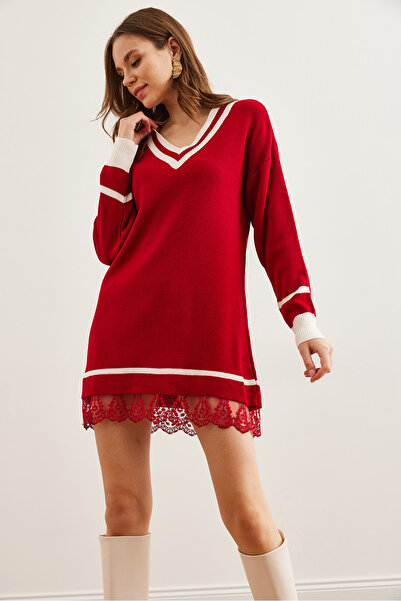 Olalook Women's Red V-Neck Lace Detailed Knitwear Dresselb- 19002283
