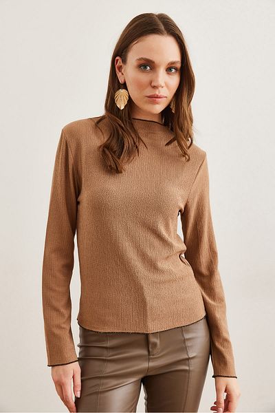 Olalook Γυναικεία Camel Stand γιακά Baby Overlock Λεπτομερής πλεκτή μπλούζαBLZ- 19002783