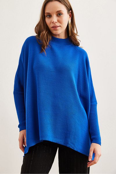 Olalook Women's Saks Blue Half Fisherman Poncho Knitwear Sweaterkzk- 19000894