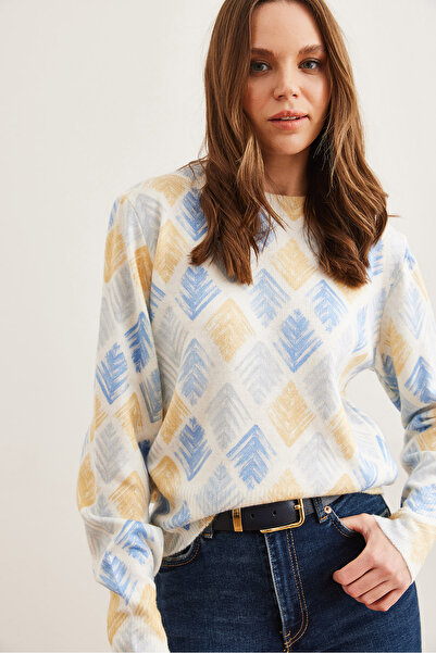 Olalook Yellow Diamond Pattern - Soft Textured Premium Knitwear Women's Sweaterkzk- 19000611