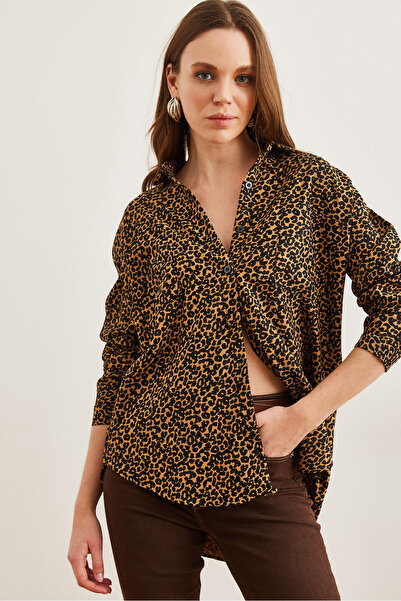 Olalook Kadın Leopar Taş Rahat Kalıp Desenli Kadife GömlekGML-19001261