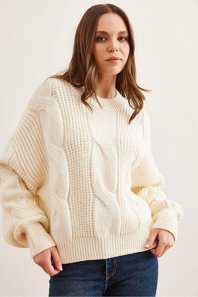 Olalook Women's Ecru Thick Hair Braided Soft Textured Knitwear Sweaterkzk- 19000902