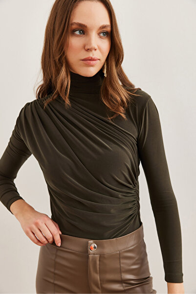 Olalook Women's Khaki Drape Detailed Flowy Stylish Blouseblz- 19002712