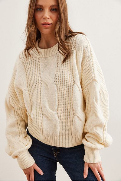 Olalook Women's Ecru Thick Hair Braided Soft Textured Knitwear Sweaterkzk- 19000902