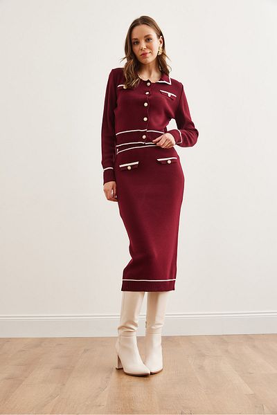 Olalook Women's Burgundy Color Detailed Bottom Top Knitwear Settkm- 19000319