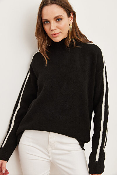 Olalook Women's Black Sleeve Stripe Hair Knit Detailed Oversize Knitwear Sweaterkzk- 19000898