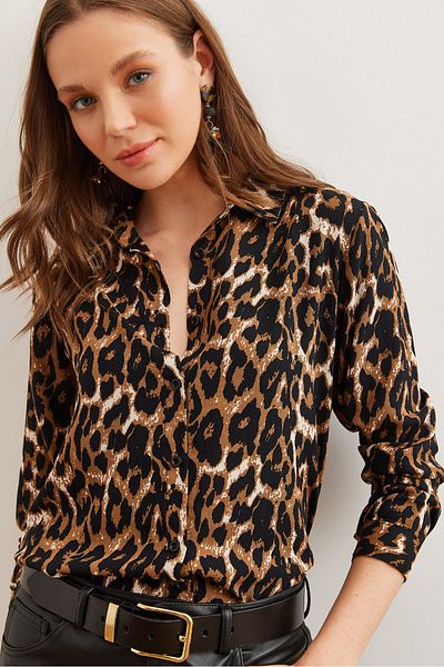 Olalook Women's Camel Leopard Draped Woven Viscose Shirtgml- 19001238