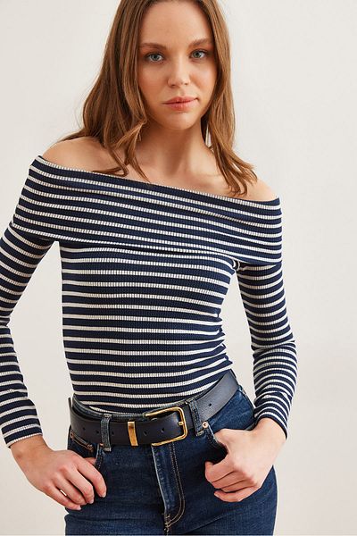 Olalook Γυναικεία μπλούζα με γιακά Madonna Navy Blue ριγέ - BLZ- 19002786