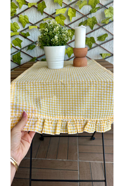 Decamor home Thin Keten Kumaş Sarı Mini Pötikateli Keten Runner