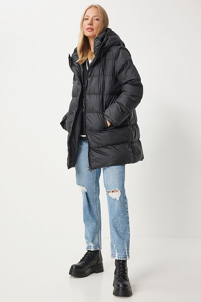 Happiness İstanbul Black Long Puffer Jacket with Hood - Women's Eg00003