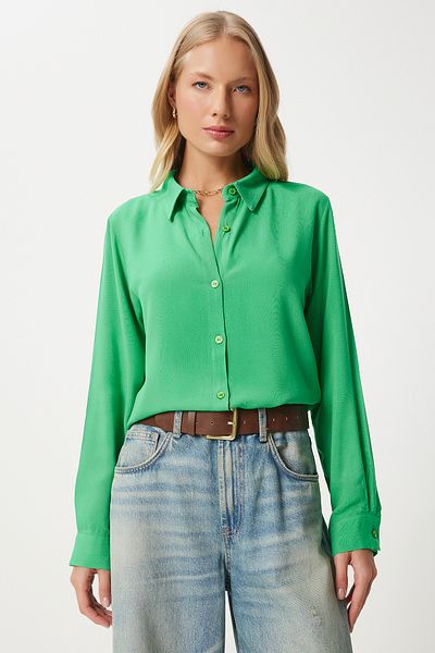 Happiness İstanbul Green Viscose Women's Shirt - Comfortable Fit To00153