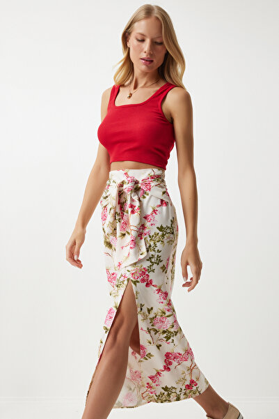 Happiness İstanbul Magas derekú és csomózott vászon női szoknya - rózsaszín krémszínű virágmintás WF00075