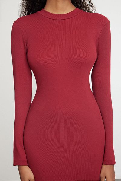 Trendyol Collection Rochie tricotată burgundă cu nervuri elastice - mânecă lungă, mulat TWOAW25EL00102