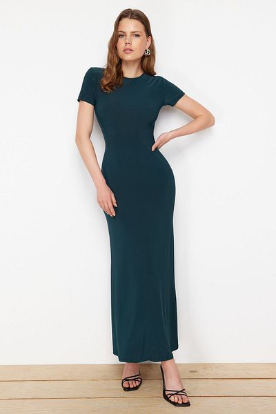 Trendyol Collection Εύκαμπτο πλεκτό μάξι μολύβι φόρεμα με κοντομάνικο πράσινο σμαραγδί 24EL00097
