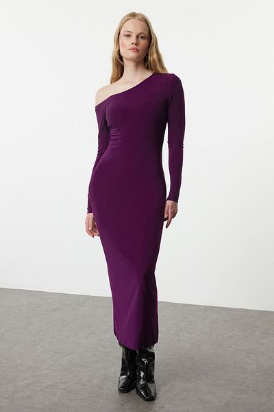 Trendyol Collection Rochie tricotată maxi flexibilă - prune, guler asimetric solid, mulat TWOAW25EL00106