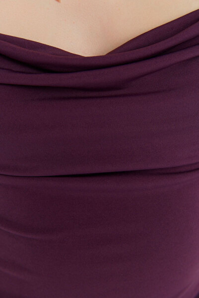 Trendyol Collection Liliowa dopasowana sukienka midi z kołnierzykiem Degaje i paskiem elastyczna dzianinowa sukienka ołówkowa midi TWOSS19AD0020