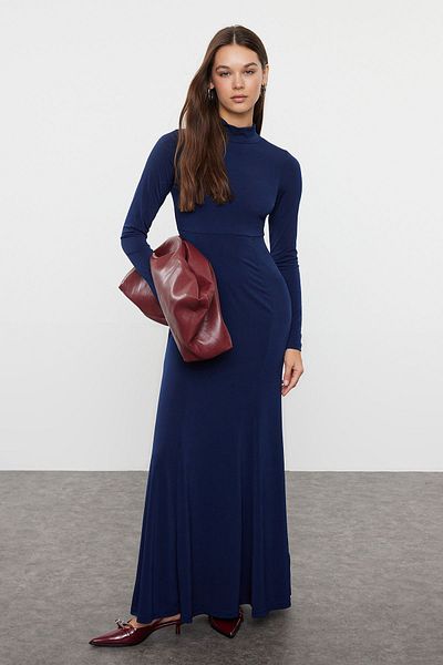 Trendyol Collection Rugalmas szövet - Állványgallér sötétkék Maxi kötött ruha TWOAW25EL00311