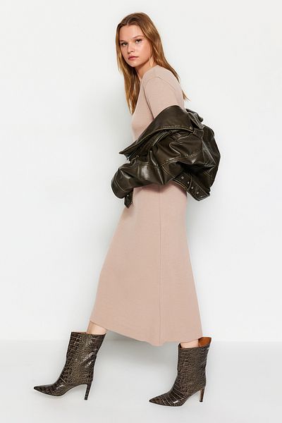 Trendyol Modest Bézs sima kötöttáru ruha TCTAW24EB00131