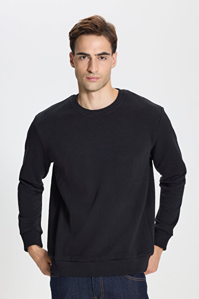 George Henry Ανδρικό μαύρο φούτερ με λαιμόκοψη με 3 κλωστές, βαμβακερή κανονική εφαρμογή