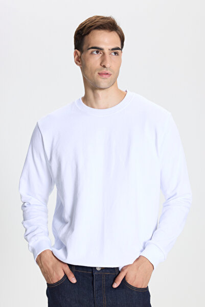 George Henry Ανδρικό λευκό φούτερ με 3 κλωστές, ζεστό βαμβακερό κανονικό φόρεμα με λαιμόκοψη