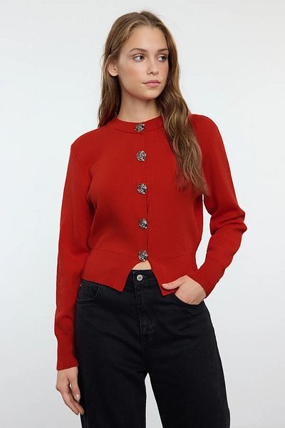 Trendyol Collection Dark Red Premium Yarn/Special Yarn Crop Rose Button Jacket Look Knitwear Cardigan Twoaw25Hi00110