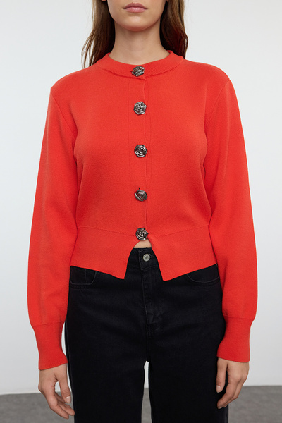 Trendyol Collection Red Premium Yarn/Special Yarn Crop Rose Button Jacket Look Knitwear Cardigan Twoaw25Hi00110