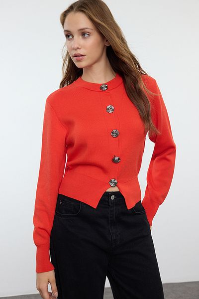 Trendyol Collection Cardigan de tricotaj crop roșu premium - Detaliu cu nasturi trandafiri, TWOAW25HI00110