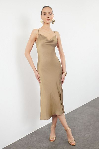 Trendyol Collection Mink bélésű szőtt szatén stílusos estélyi ruha éjszakai ballagási ruha TPRSS19BB0058