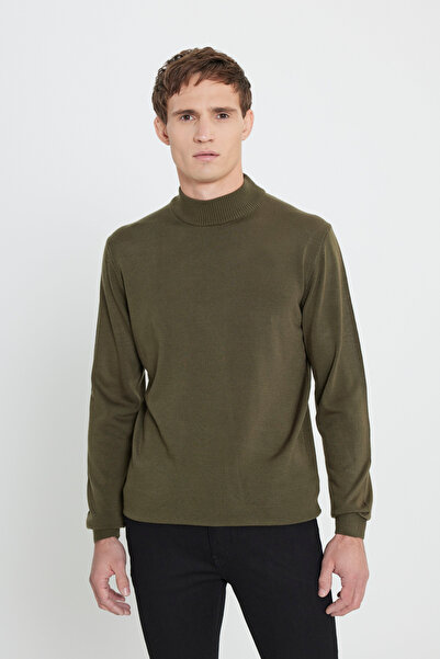 George Henry Ανδρικό πλεκτό πουλόβερ χακί, ανδρικό πλεκτό πουλόβερ με κανονική εφαρμογή, μισό ζιβάγκο