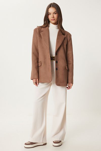 Happiness İstanbul Nerzfarbene Premium-Wildleder-Blazerjacke für Damen FN03443