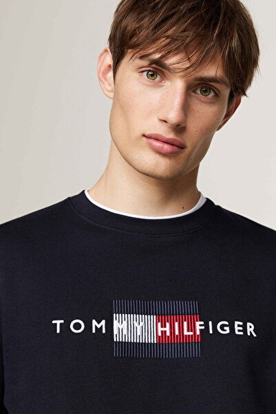 Tommy Hilfiger Pánský svetr s logem bavlněné směsi s výstřihem – pot Mw0Mw35541 Dw5