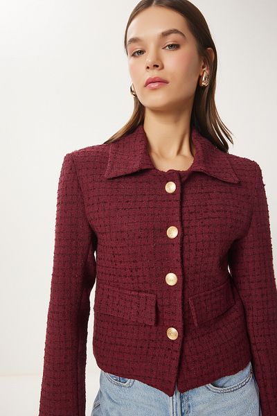 Happiness İstanbul Burgunderrote Tweed-Crop-Damenjacke – TO00039