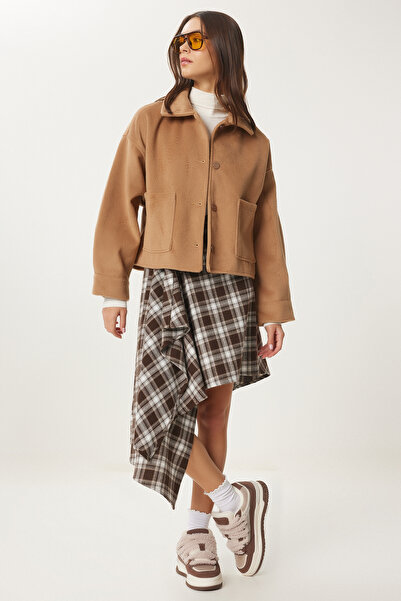 Happiness İstanbul Дамско яке Camel с широк джоб и мек щампован Fn03445